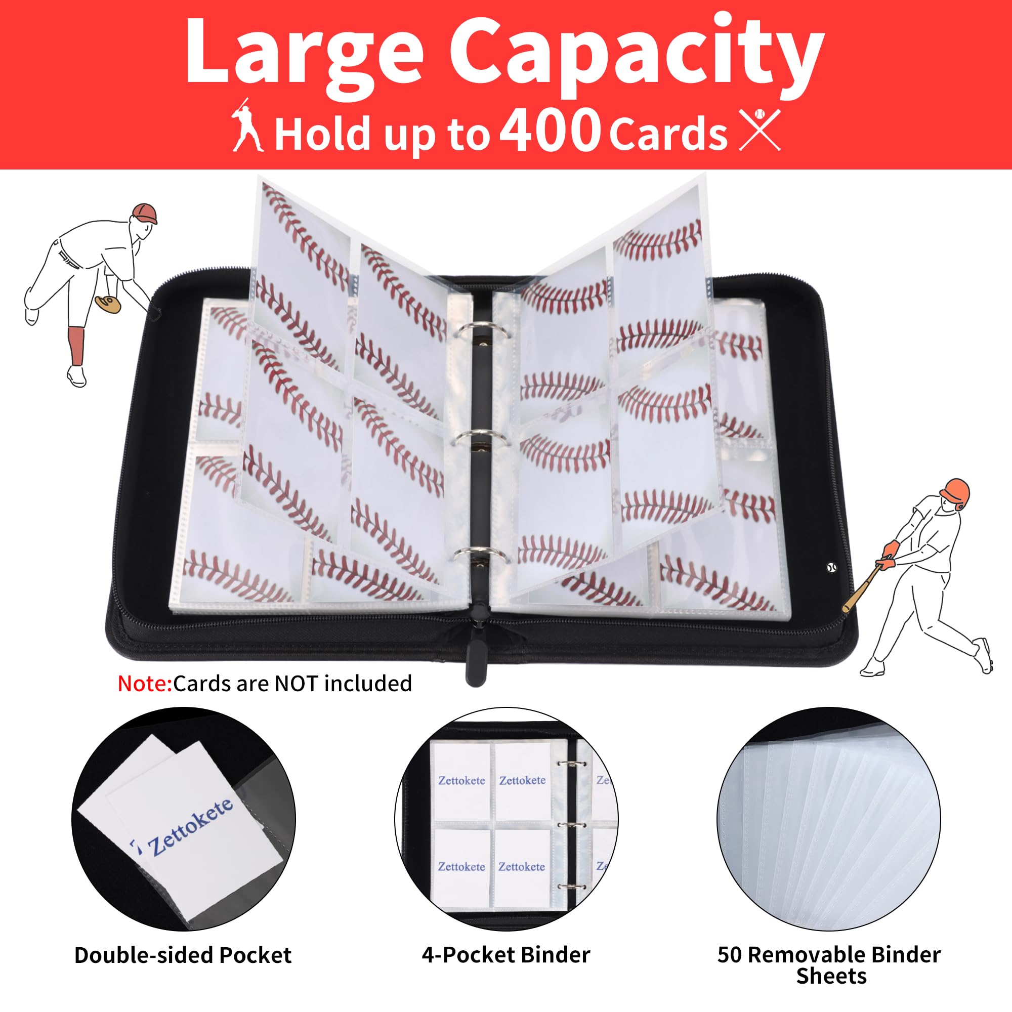 Zettokete 4-Pocket Baseball Card Binder - Holds 400 Cards, PU Leather, Zippered with Carry Handle