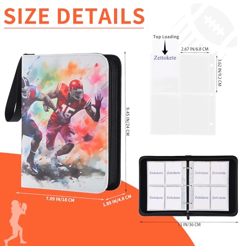 Zettokete 4-Pocket Football Card Binder – Holds 400 Cards, Zippered with Handle, PU Leather