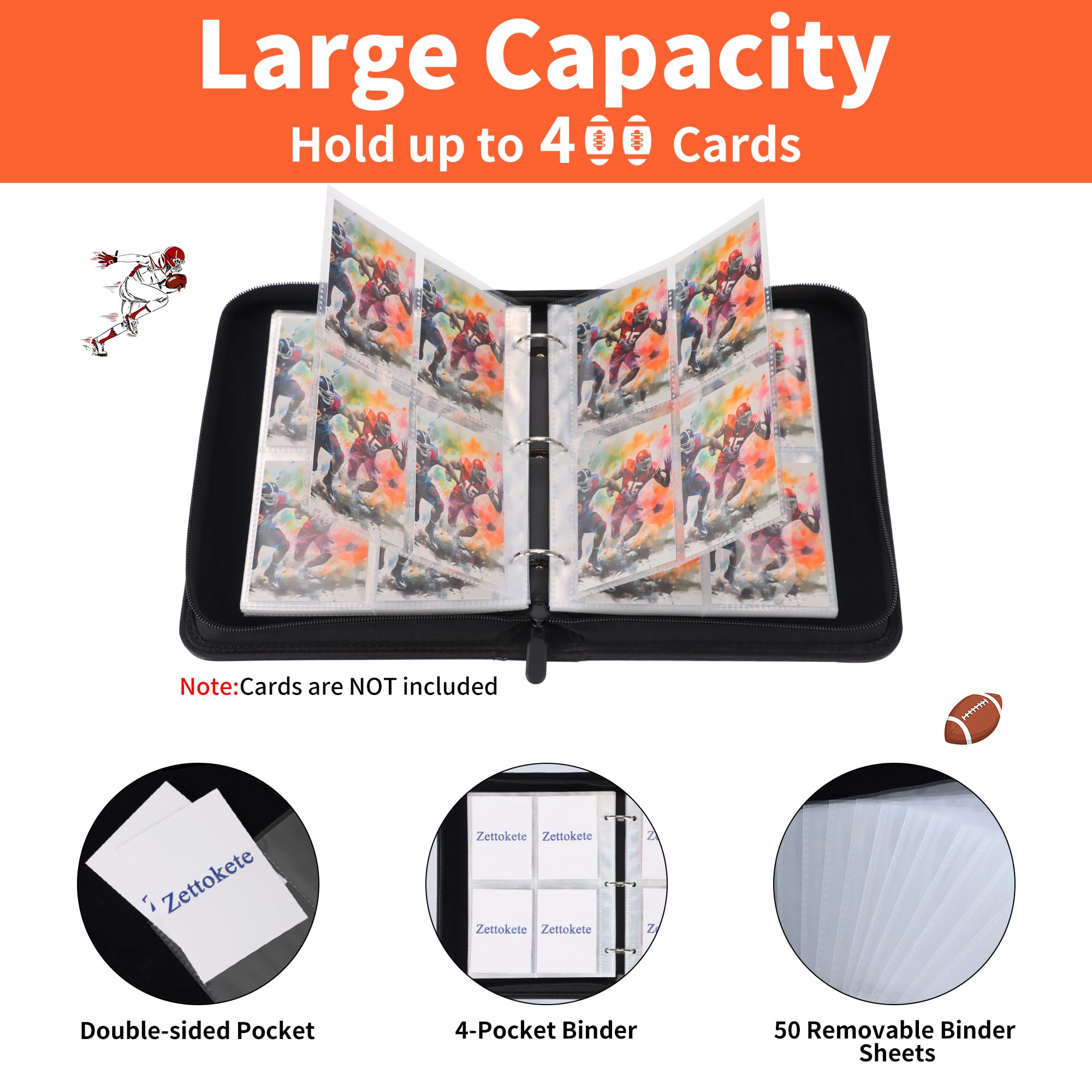 Zettokete 4-Pocket Football Card Binder – Holds 400 Cards, Zippered with Handle, PU Leather