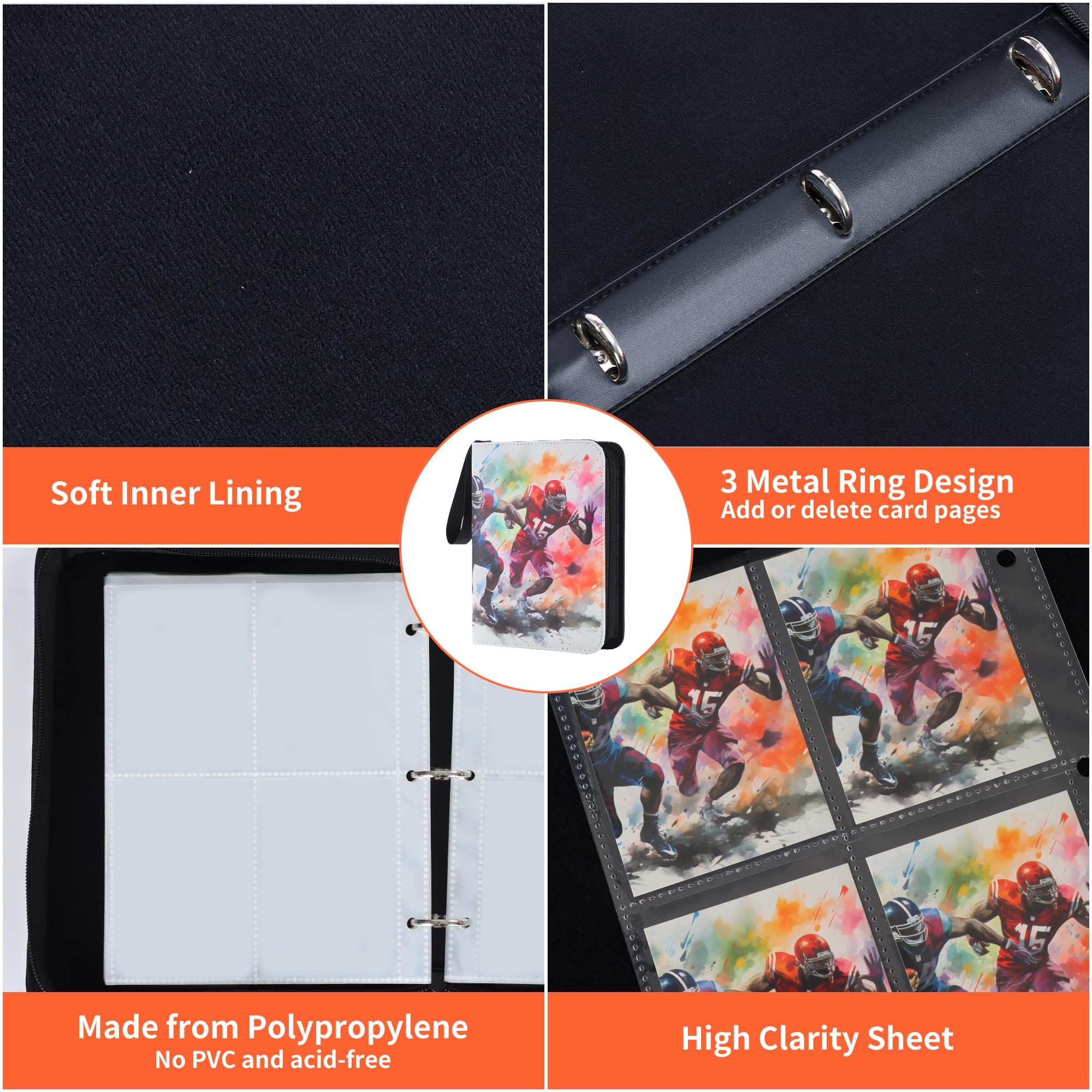 Zettokete 4-Pocket Football Card Binder – Holds 400 Cards, Zippered with Handle, PU Leather
