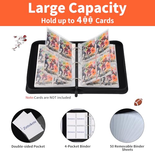 Zettokete Football Card Binder 4-Pocket – Holds 400 Cards, Zippered Album with Handle for Collectors