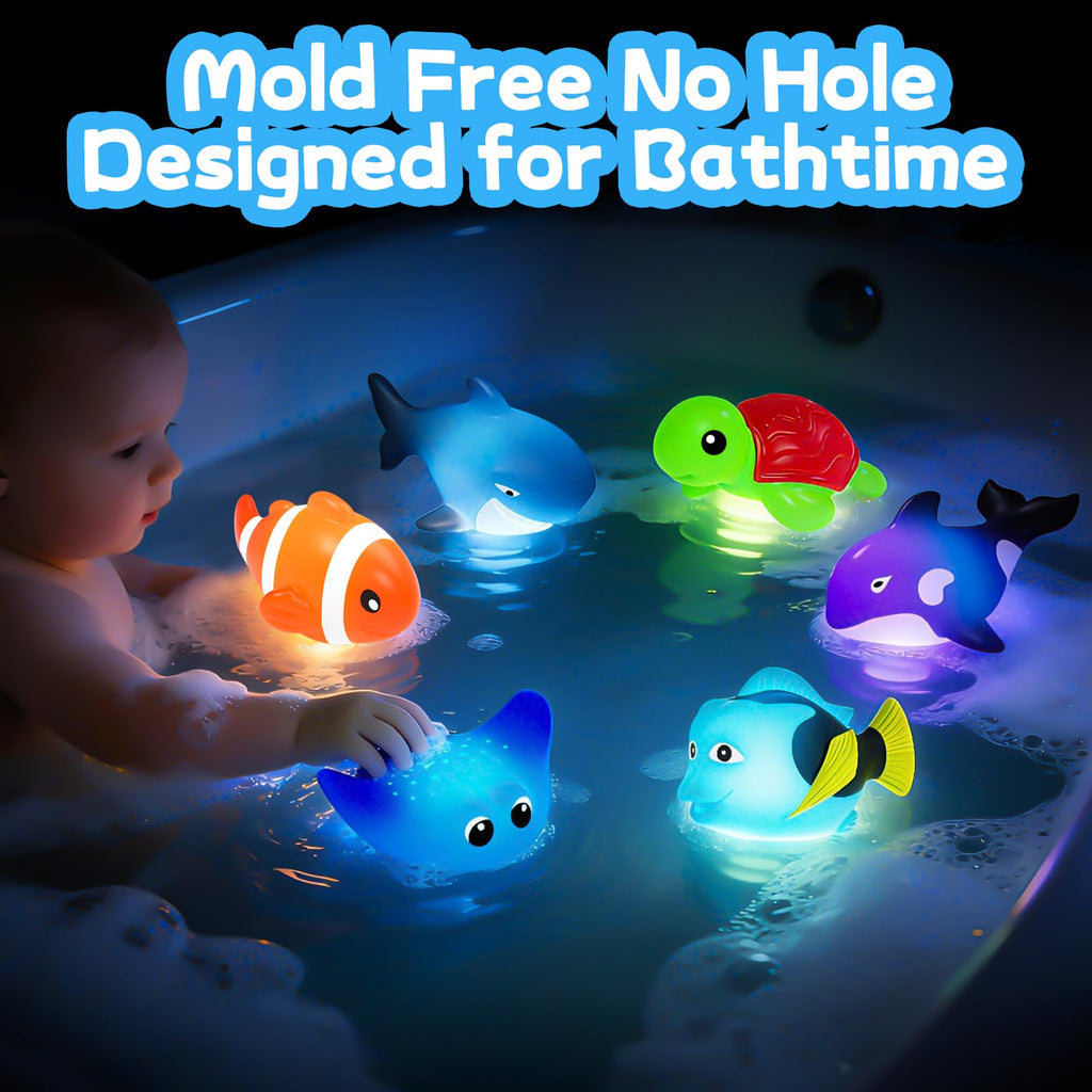 ZGLYMUS Light-Up Bath Toys, 6-Pack Ocean Animals with Water-Activated LED Lights, No Hole Mold Free for Babies Toddlers 6M+
