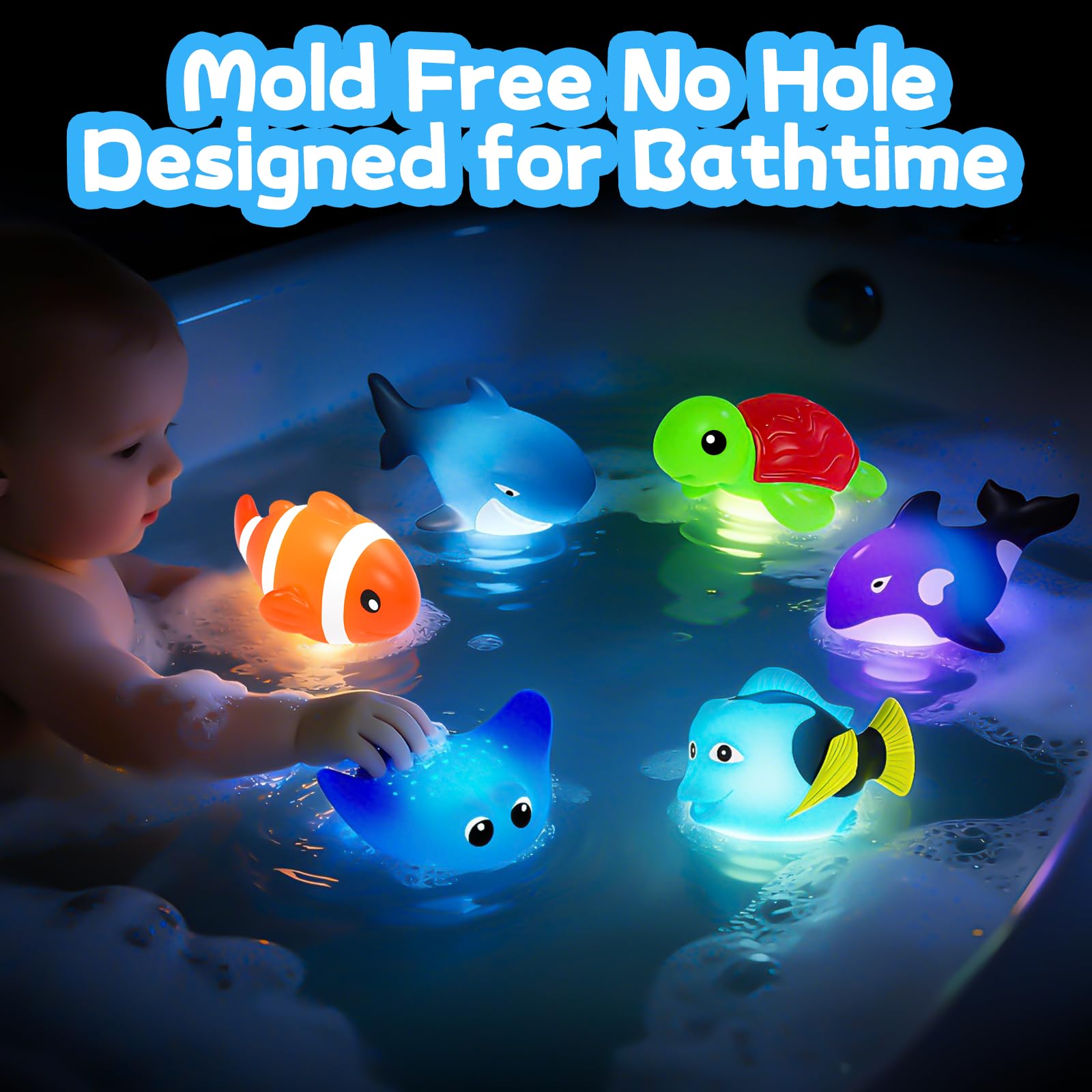 ZGLYMUS Light-Up Bath Toys, 6-Pack Ocean Animals with Water-Activated LED Lights, No Hole Mold Free for Babies Toddlers 6M+
