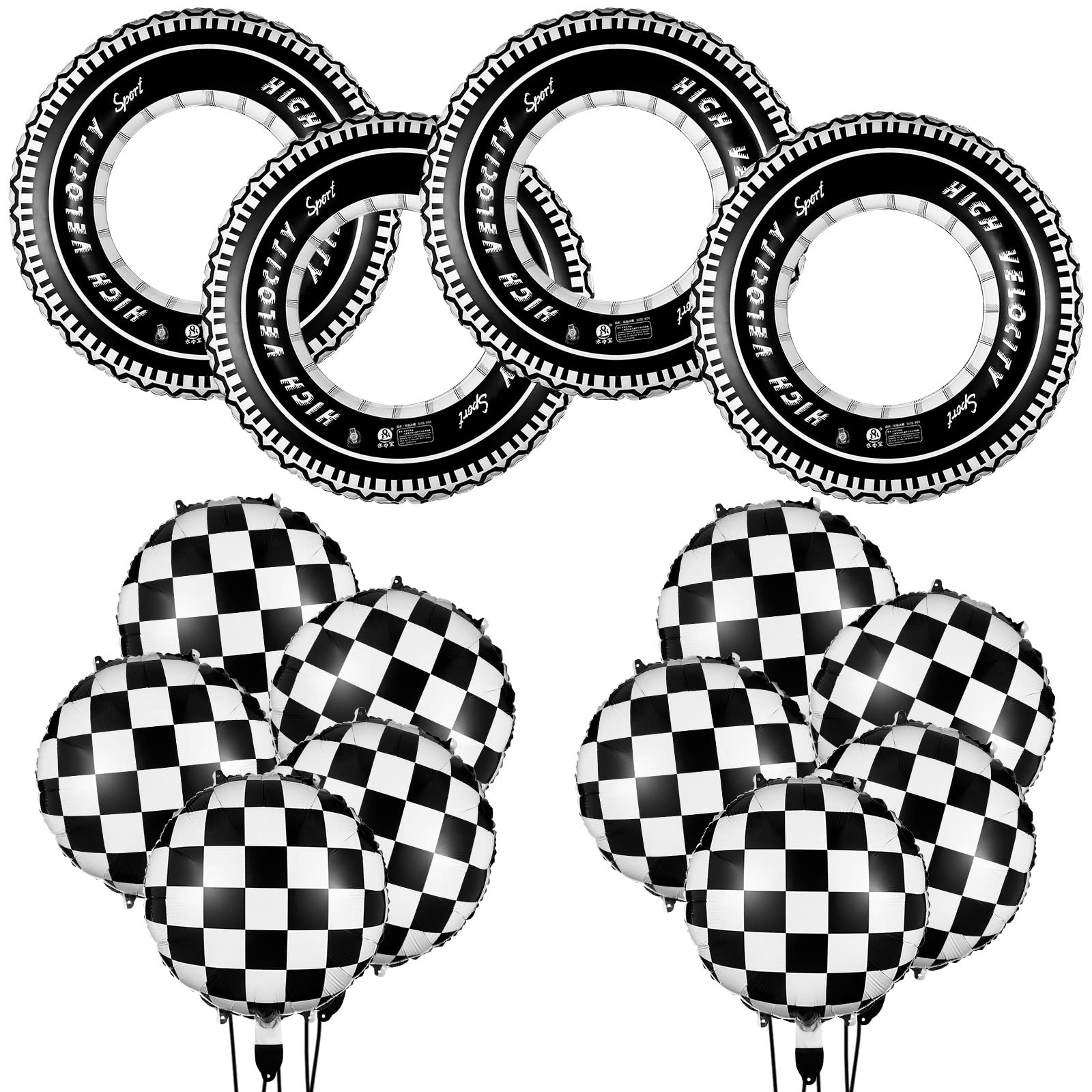 Zhanmai 14-Piece Racing Car Party Decorations – Plaid Balloons and Inflatable Tire Swim Rings