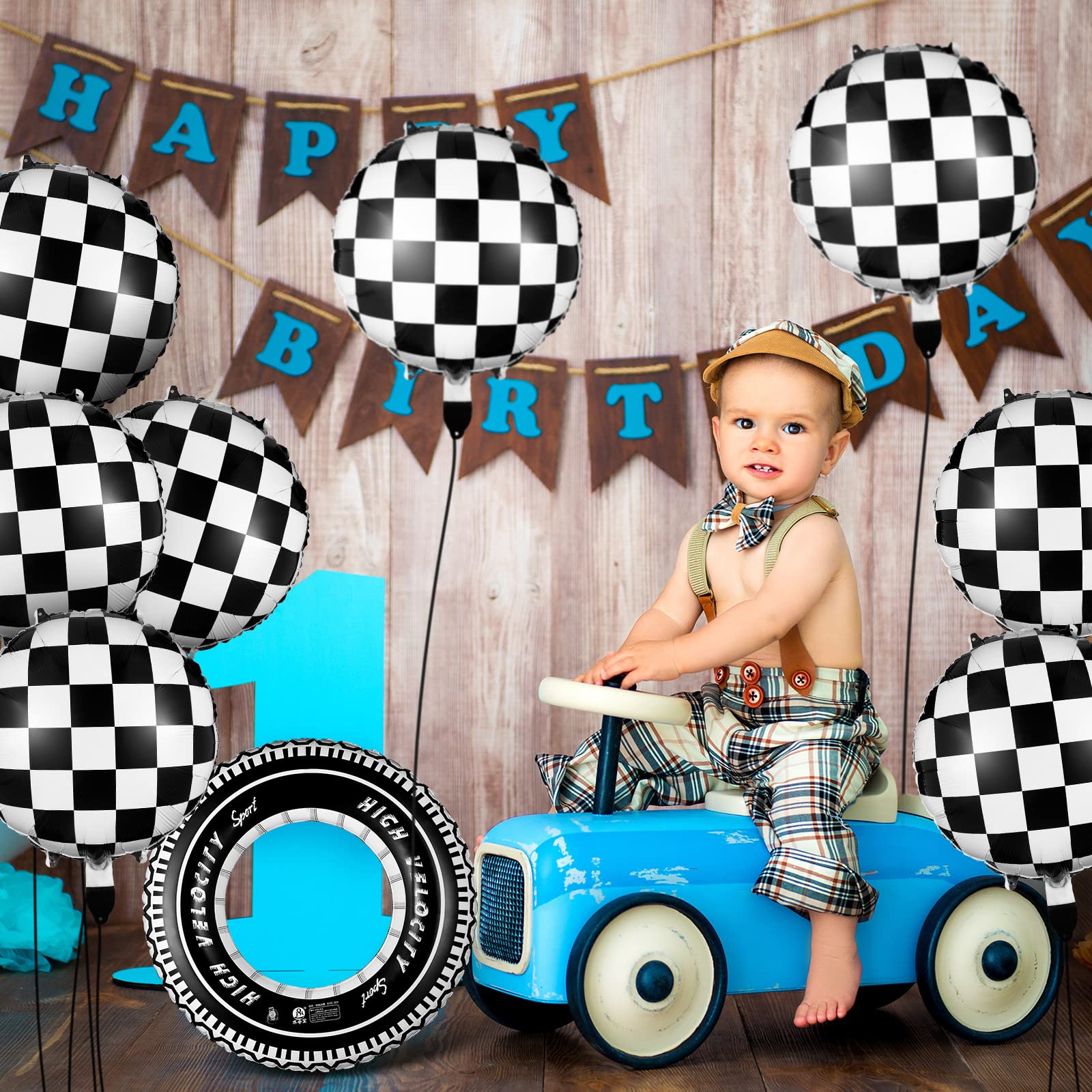 Zhanmai 14-Piece Racing Car Party Decorations – Plaid Balloons and Inflatable Tire Swim Rings