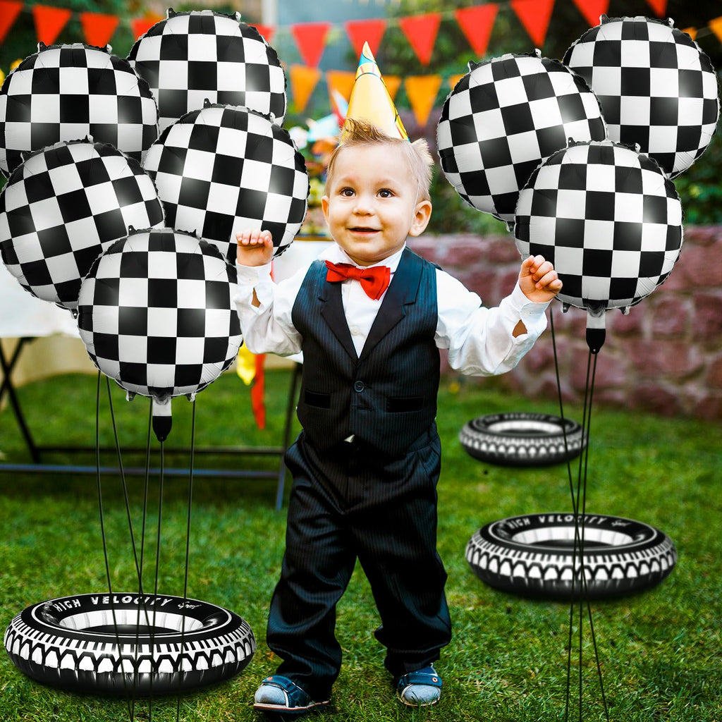 Zhanmai 14-Piece Racing Car Party Decorations – Plaid Balloons and Inflatable Tire Swim Rings