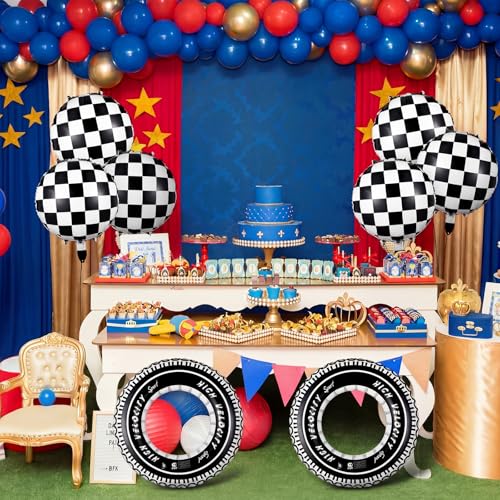 Zhanmai 14-Piece Racing Car Party Decorations – Plaid Balloons and Inflatable Tire Swim Rings