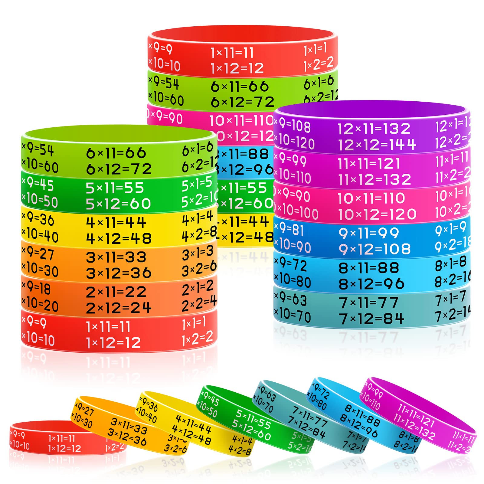 Zhanmai Learn Maths Rubber Bracelets – 48-Pack Multiplication Facts Silicone Wristbands in 12 Colors for Students