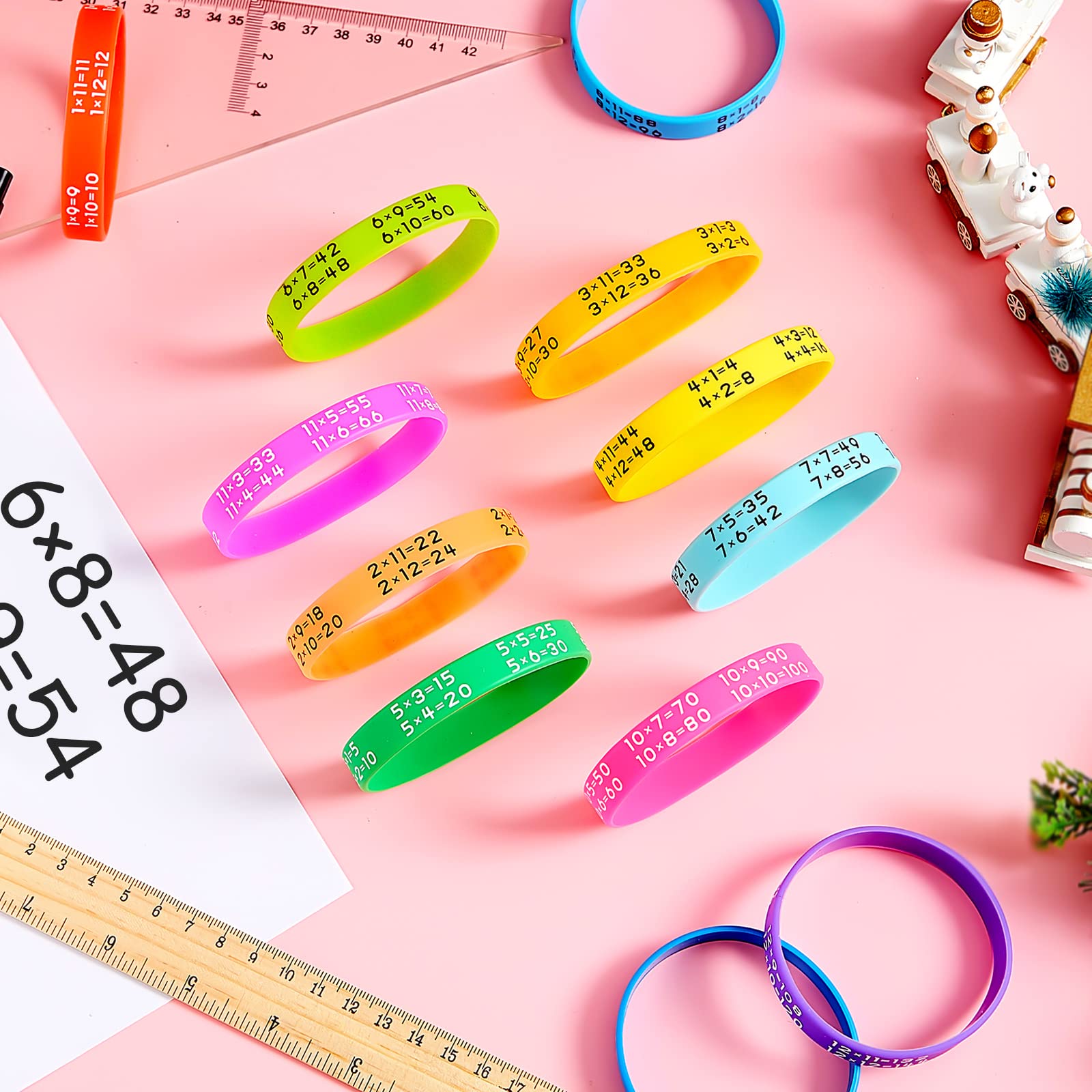 Zhanmai Learn Maths Rubber Bracelets – 48-Pack Multiplication Facts Silicone Wristbands in 12 Colors for Students
