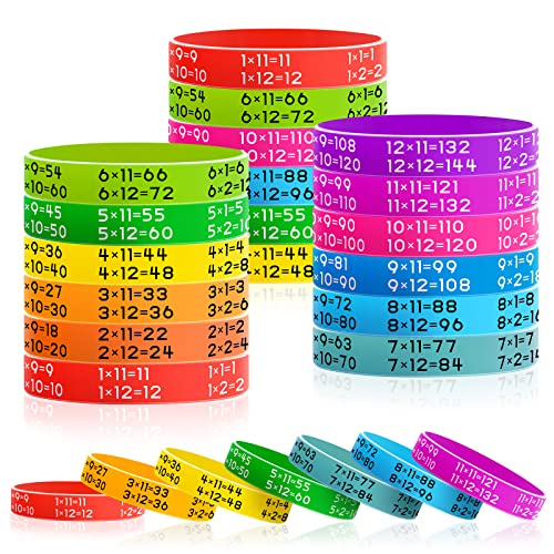 Zhanmai Learn Maths Rubber Bracelets – 48-Pack Multiplication Facts Silicone Wristbands in 12 Colors for Students