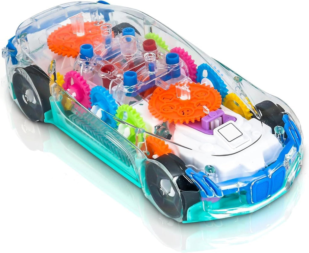 ZHFUYS Light Up Transparent Car Toy with Spinning Gears, Lights, and Music for Ages 3+