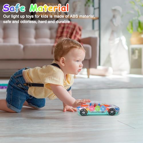 ZHFUYS Light Up Transparent Car Toy with Spinning Gears, Lights, and Music for Ages 3+