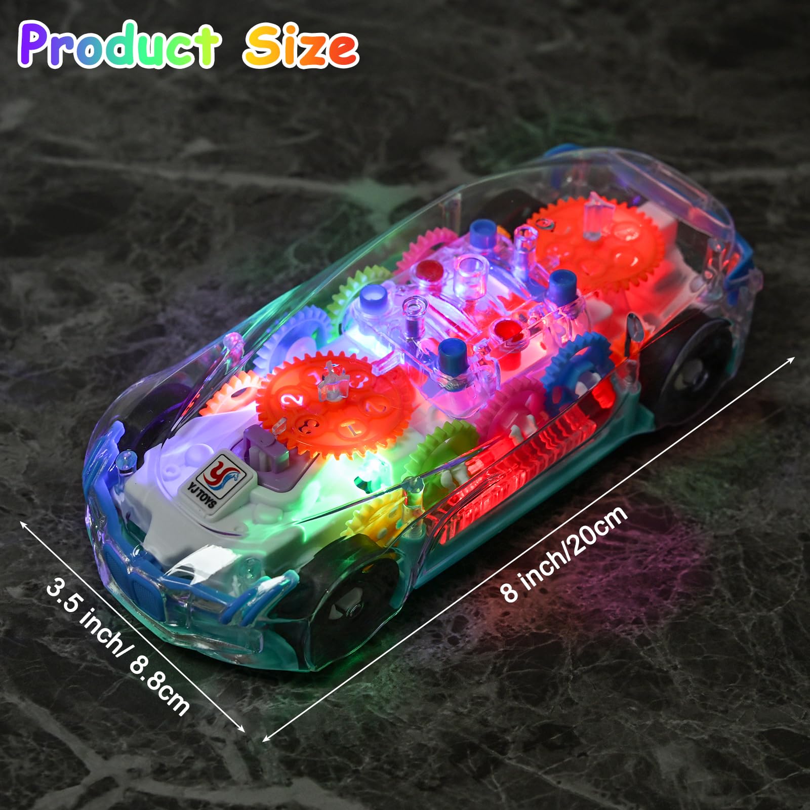 ZHFUYS Light Up Transparent Car Toy with Spinning Gears, Lights, and Music for Ages 3+