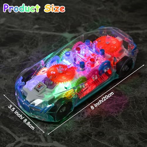 ZHFUYS Light Up Transparent Car Toy with Spinning Gears, Lights, and Music for Ages 3+