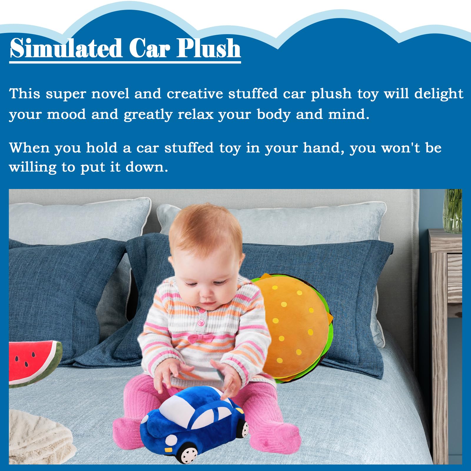 zhidiloveyou 11.8" Blue Car Plush Stuffed Toy - Soft PP Cotton Pillow for Kids and Car Lovers