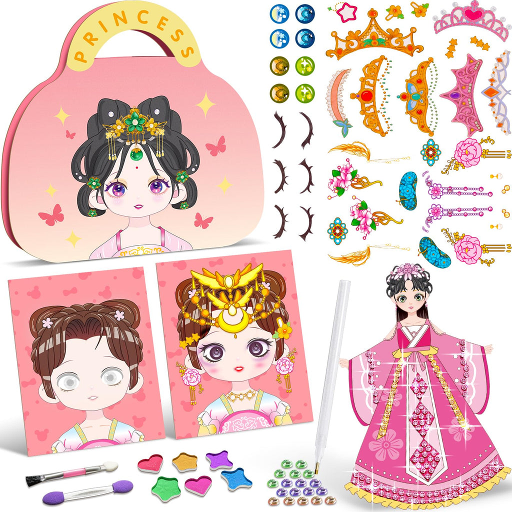 ZHOC Princess Paper Makeup Craft Kit for Girls Ages 3+ – Diamond Painting & Dress Up Set