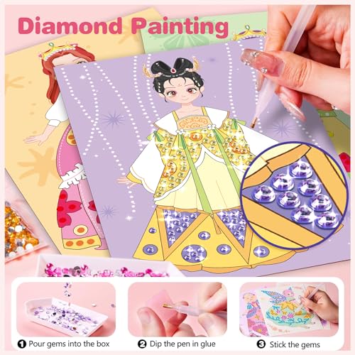 ZHOC Princess Paper Makeup Craft Kit for Girls Ages 3+ – Diamond Painting & Dress Up Set