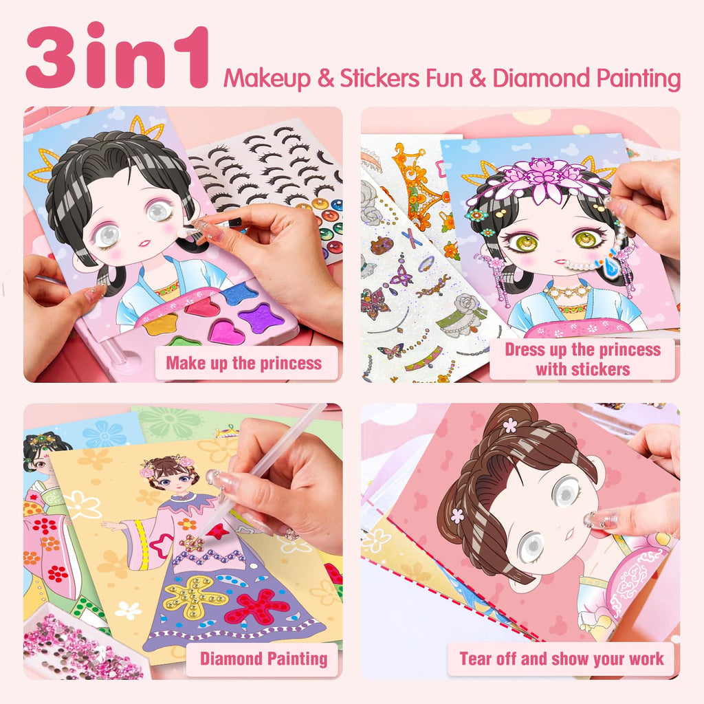 ZHOC Princess Paper Makeup Craft Kit for Girls Ages 3+ – Diamond Painting & Dress Up Set