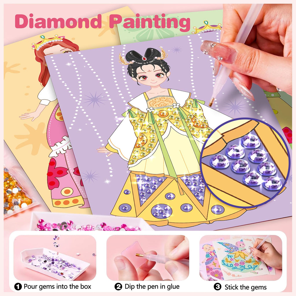 ZHOC Princess Paper Makeup Craft Kit for Girls Ages 3+ – Diamond Painting & Dress Up Set