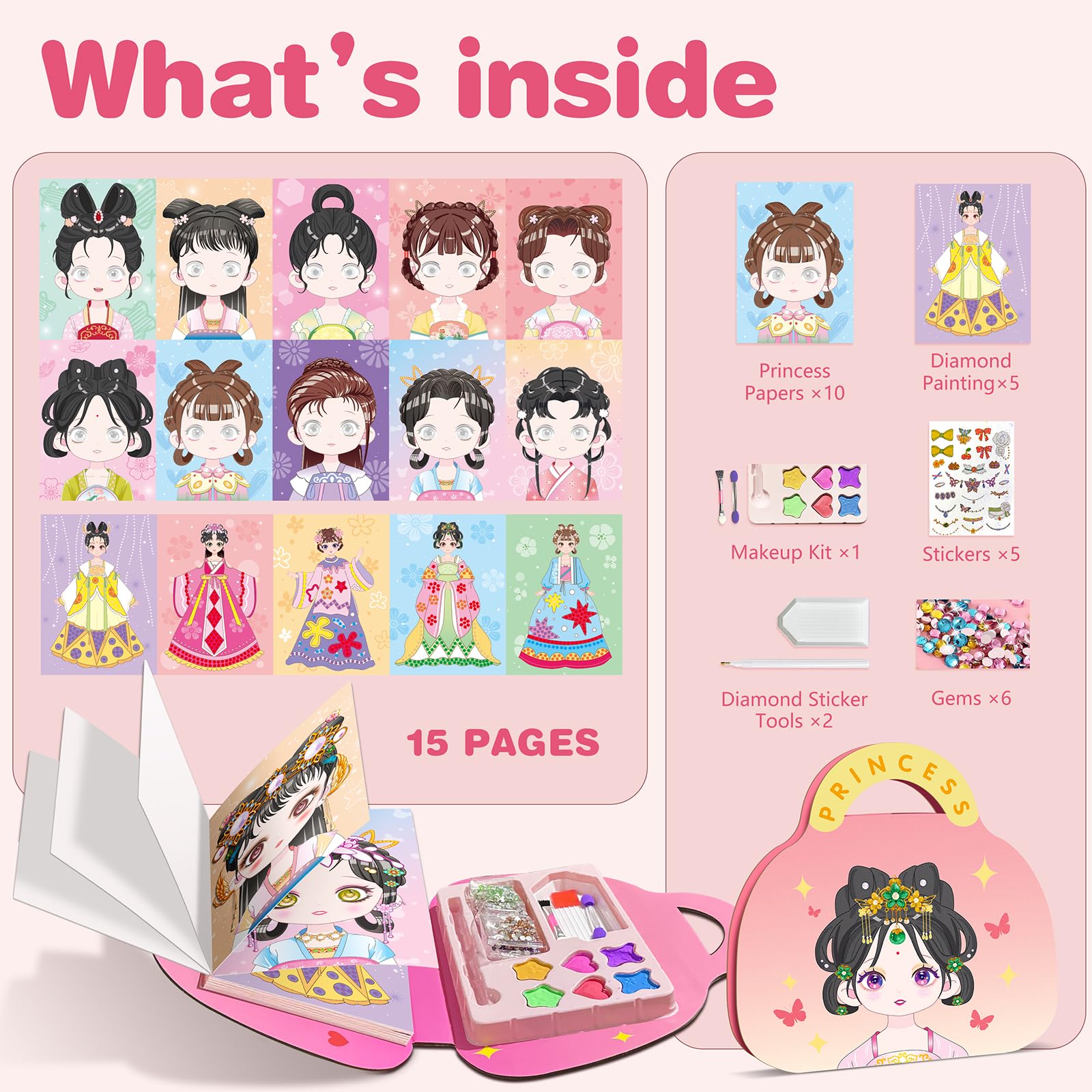 ZHOC Princess Paper Makeup Craft Kit for Girls Ages 3+ – Diamond Painting & Dress Up Set