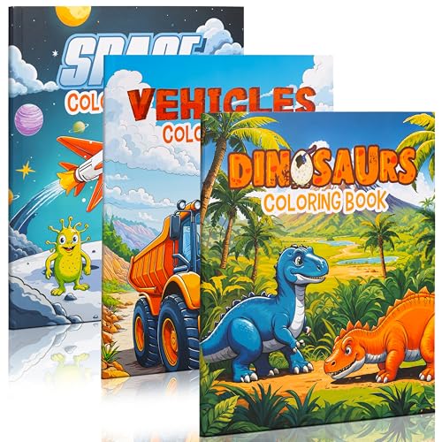 ZICOTO 3-in-1 Coloring Book Set for Boys – Dinosaur, Space & Trucks – 132 Unique Designs