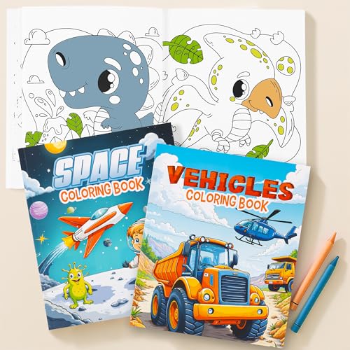 ZICOTO 3-in-1 Coloring Book Set for Boys – Dinosaur, Space & Trucks – 132 Unique Designs