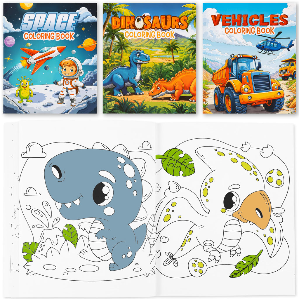ZICOTO 3-in-1 Coloring Book Set for Boys – Dinosaur, Space & Trucks – 132 Unique Designs
