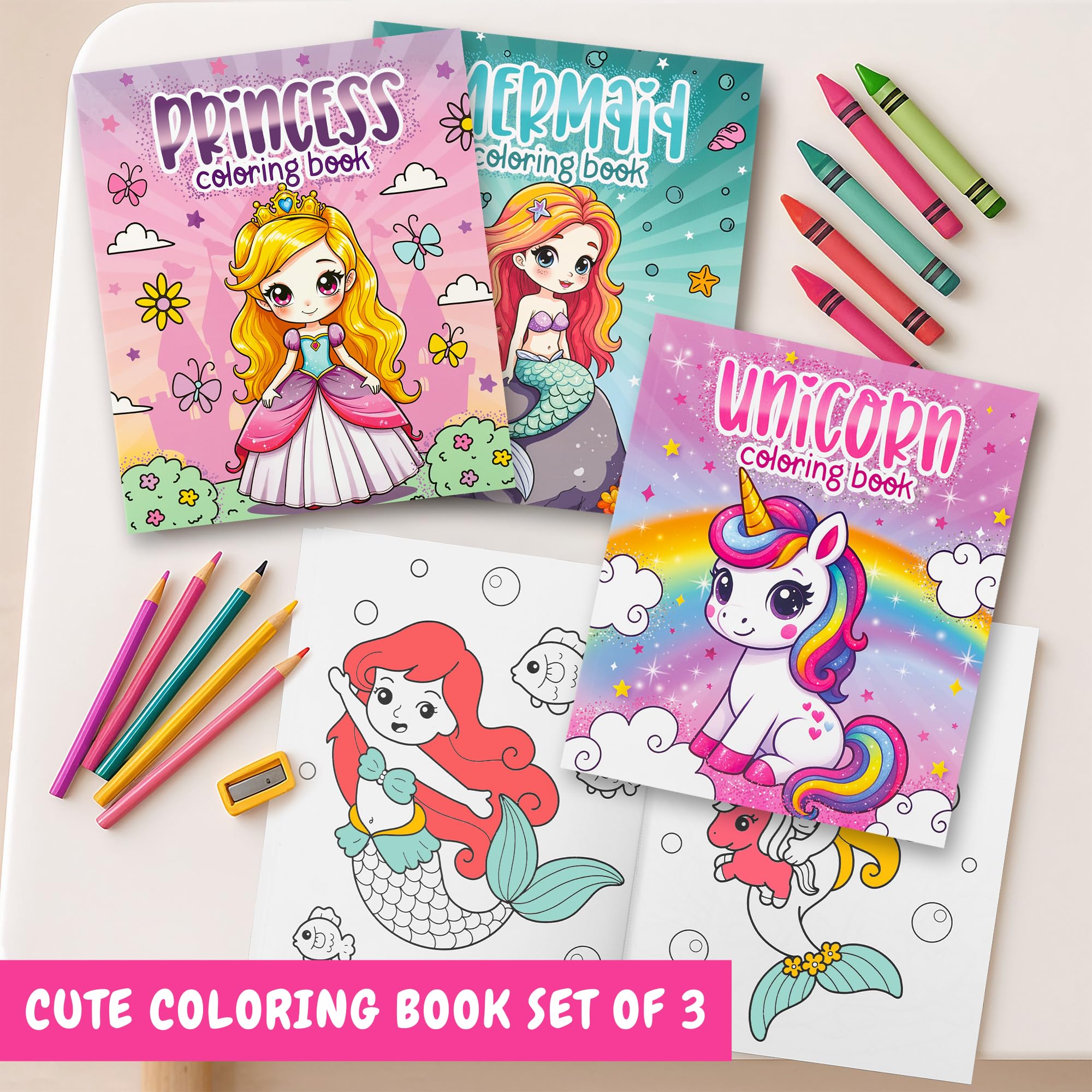 ZICOTO 3-in-1 Coloring Books for Girls – Princess, Unicorn & Mermaid Themes, Ages 4-8