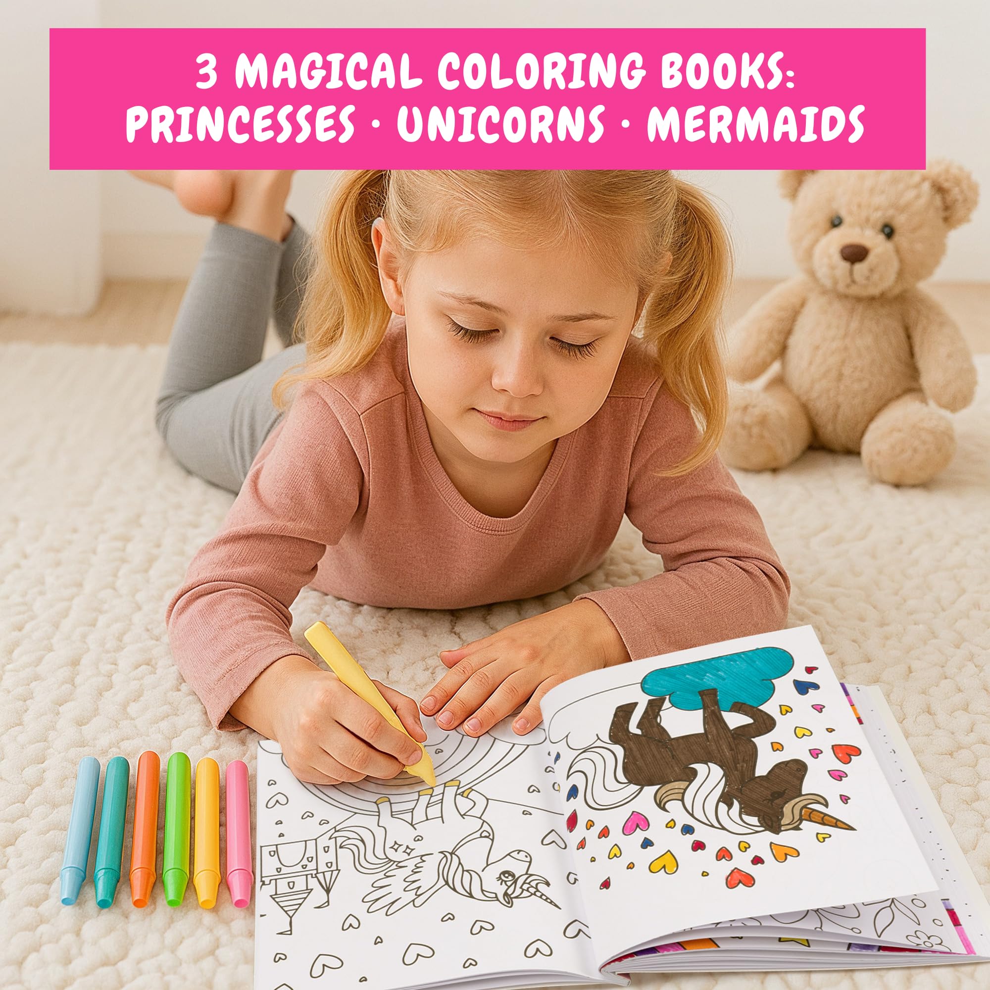 ZICOTO 3-in-1 Coloring Books for Girls – Princess, Unicorn & Mermaid Themes, Ages 4-8