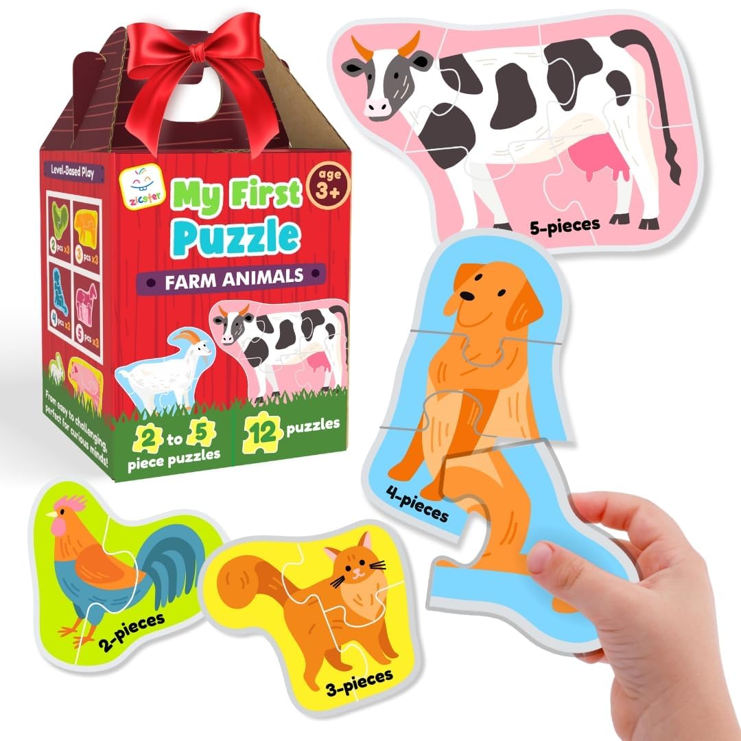Zicster My First Puzzle: 12 Graded Montessori Puzzles for Toddlers (Wild Animals, 2-5 Pieces)