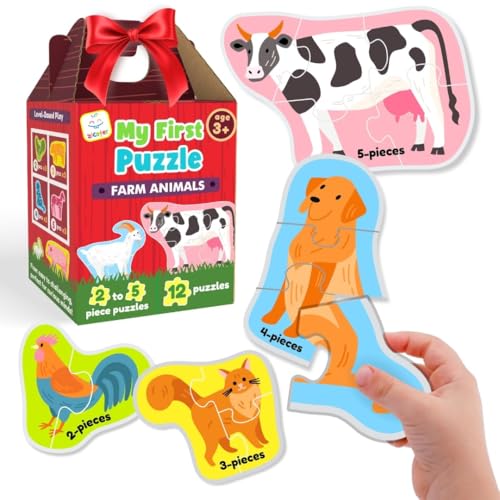 Zicster My First Puzzle: 12 Graded Montessori Puzzles for Toddlers (Wild Animals, 2-5 Pieces)