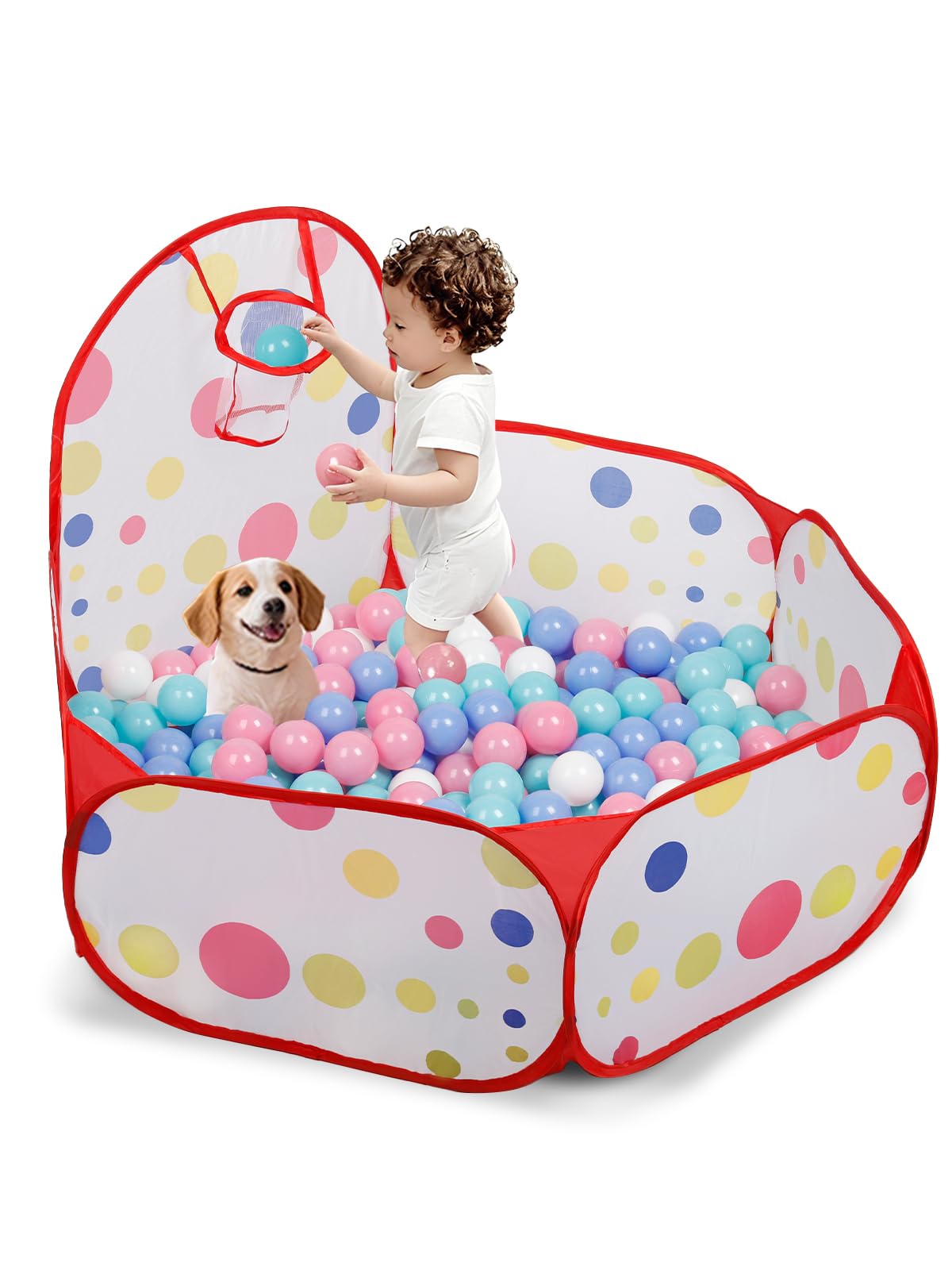 ZimiTeda Red Dot Kids Ball Pit with Basketball Hoop – Foldable Pop-Up Playpen, 47-Inch Wide, for Toddlers (Balls Not Included)