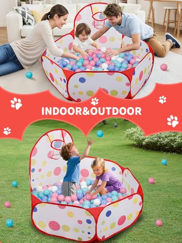 ZimiTeda Red Dot Kids Ball Pit with Basketball Hoop – Foldable Pop-Up Playpen, 47-Inch Wide, for Toddlers (Balls Not Included)
