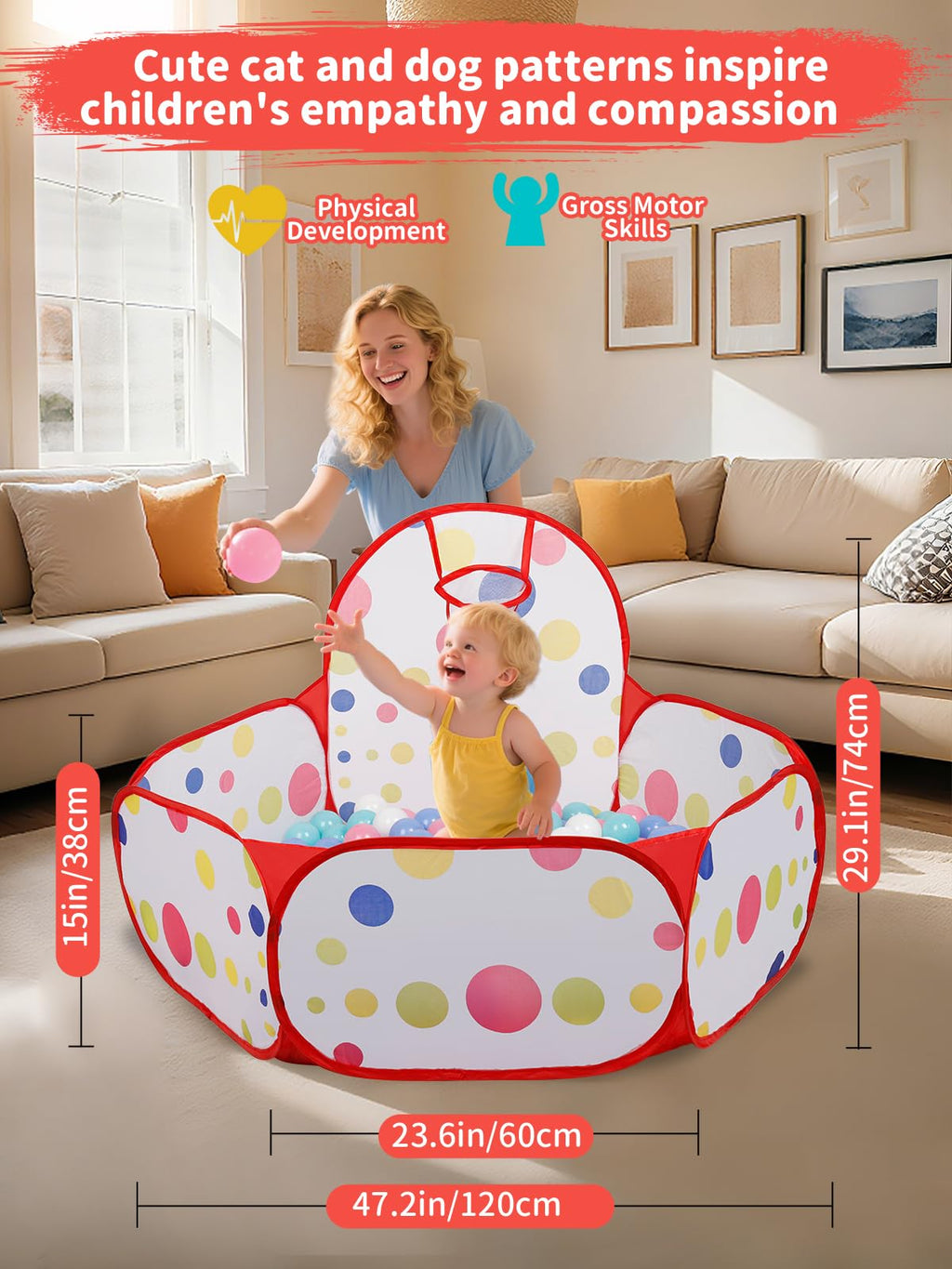ZimiTeda Red Dot Kids Ball Pit with Basketball Hoop – Foldable Pop-Up Playpen, 47-Inch Wide, for Toddlers (Balls Not Included)