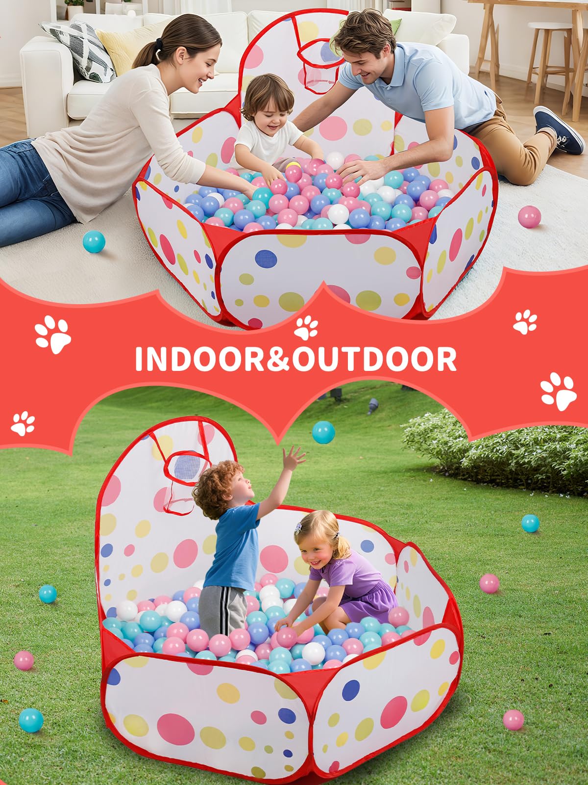 ZimiTeda Red Dot Kids Ball Pit with Basketball Hoop – Foldable Pop-Up Playpen, 47-Inch Wide, for Toddlers (Balls Not Included)
