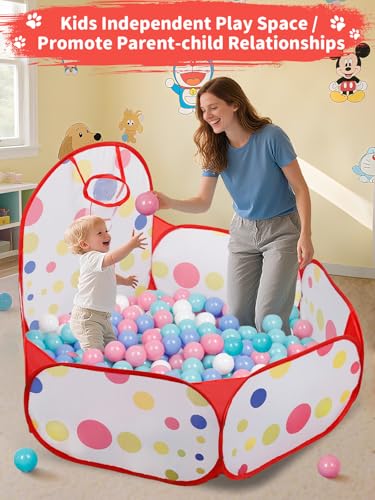 ZimiTeda Red Dot Kids Ball Pit with Basketball Hoop – Foldable Pop-Up Playpen, 47-Inch Wide, for Toddlers (Balls Not Included)