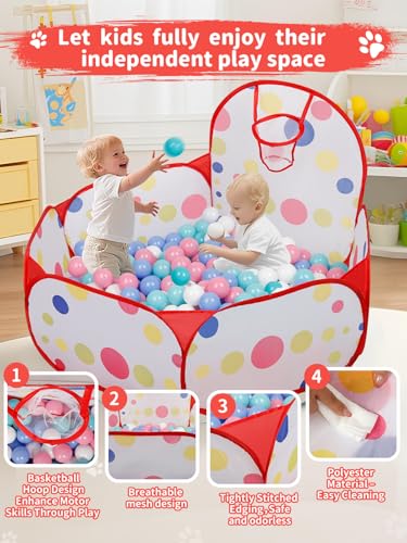 ZimiTeda Red Dot Kids Ball Pit with Basketball Hoop – Foldable Pop-Up Playpen, 47-Inch Wide, for Toddlers (Balls Not Included)