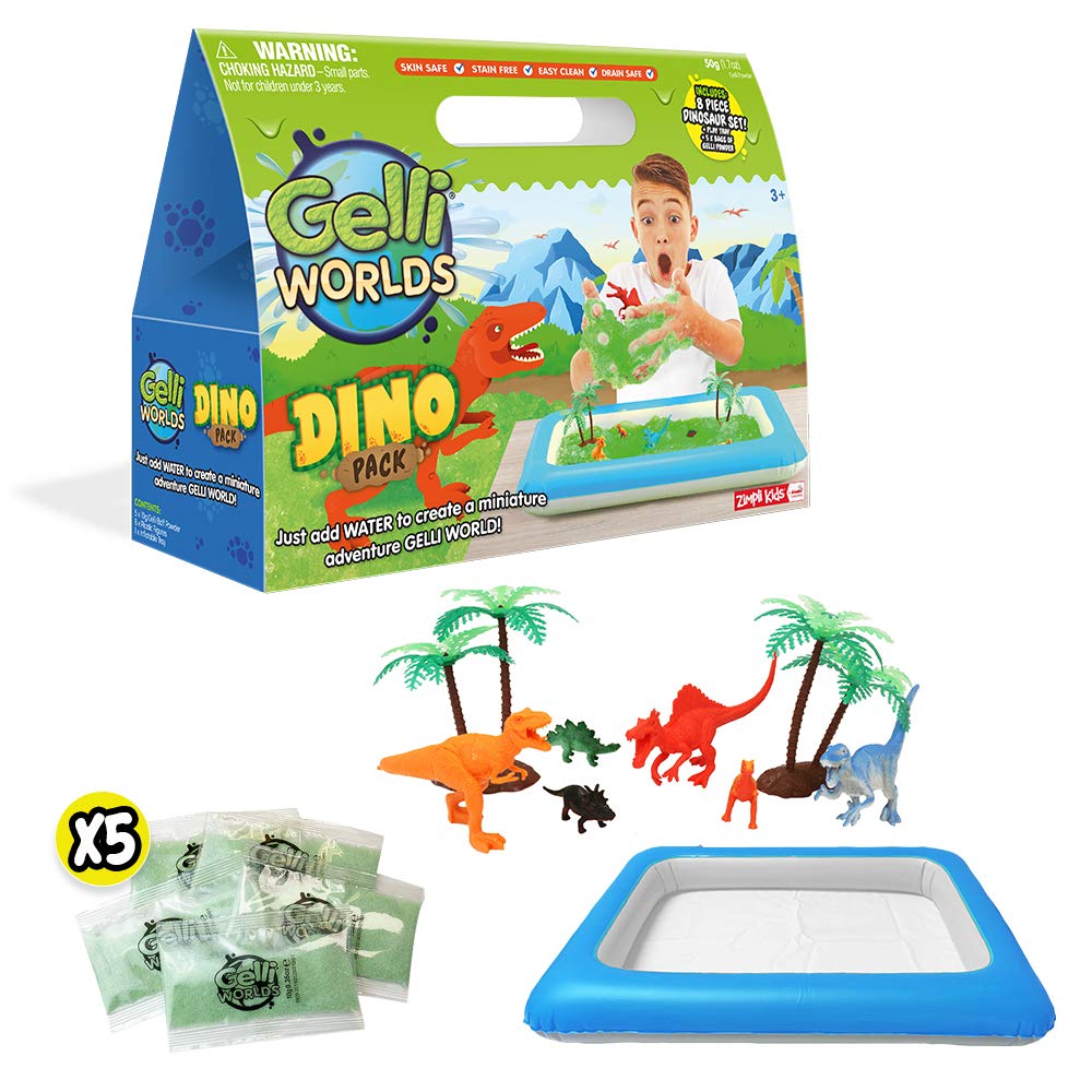 ZIMPLI Kids Gelli Adventures Dino Pack – 5-Use Gooey Swamp Playset with 8 Dinosaur Figures and Inflatable Tray