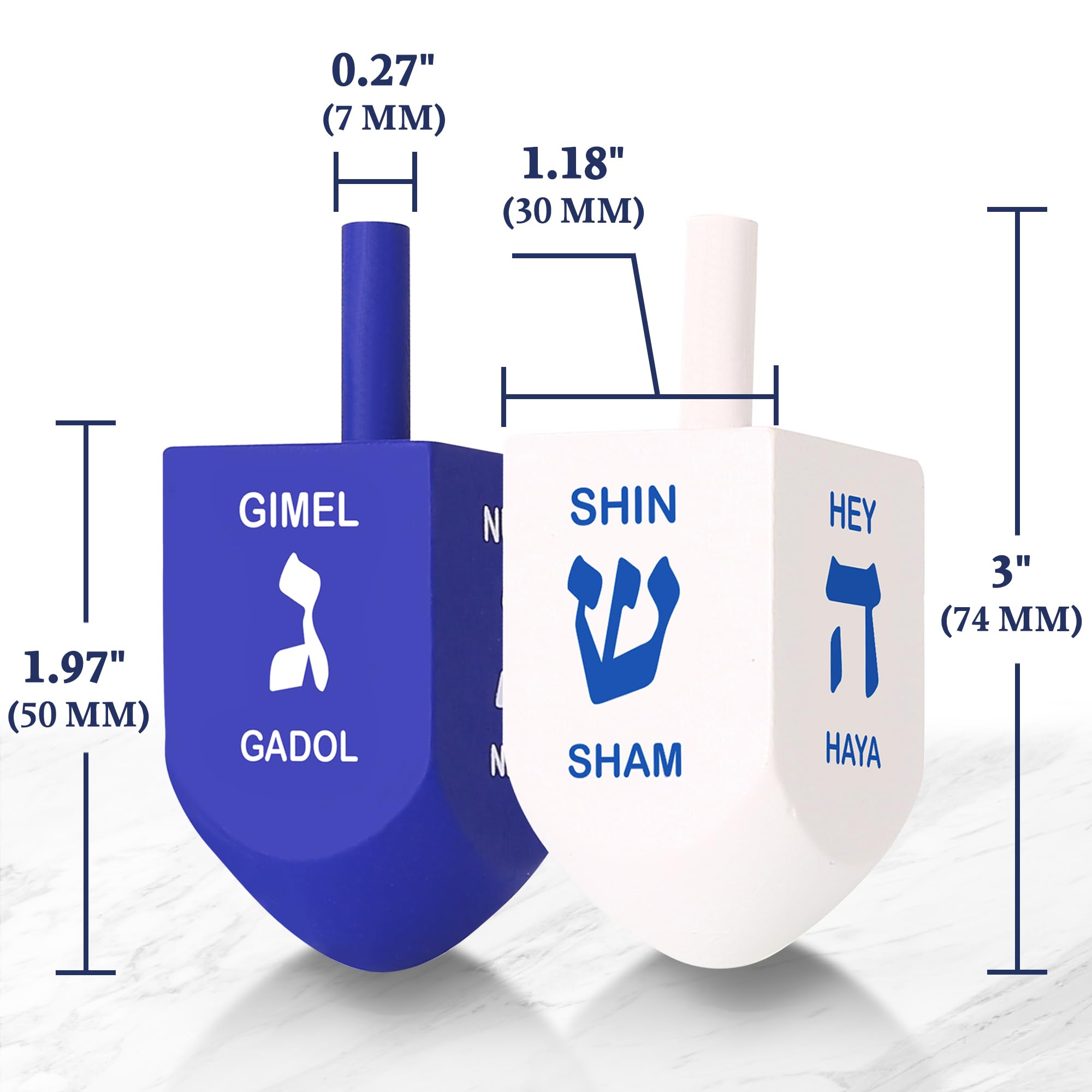 Zion Judaica XL Hanukkah Dreidels – 3-Inch Blue/White Wood, 10-Pack with English Translation & Transliteration