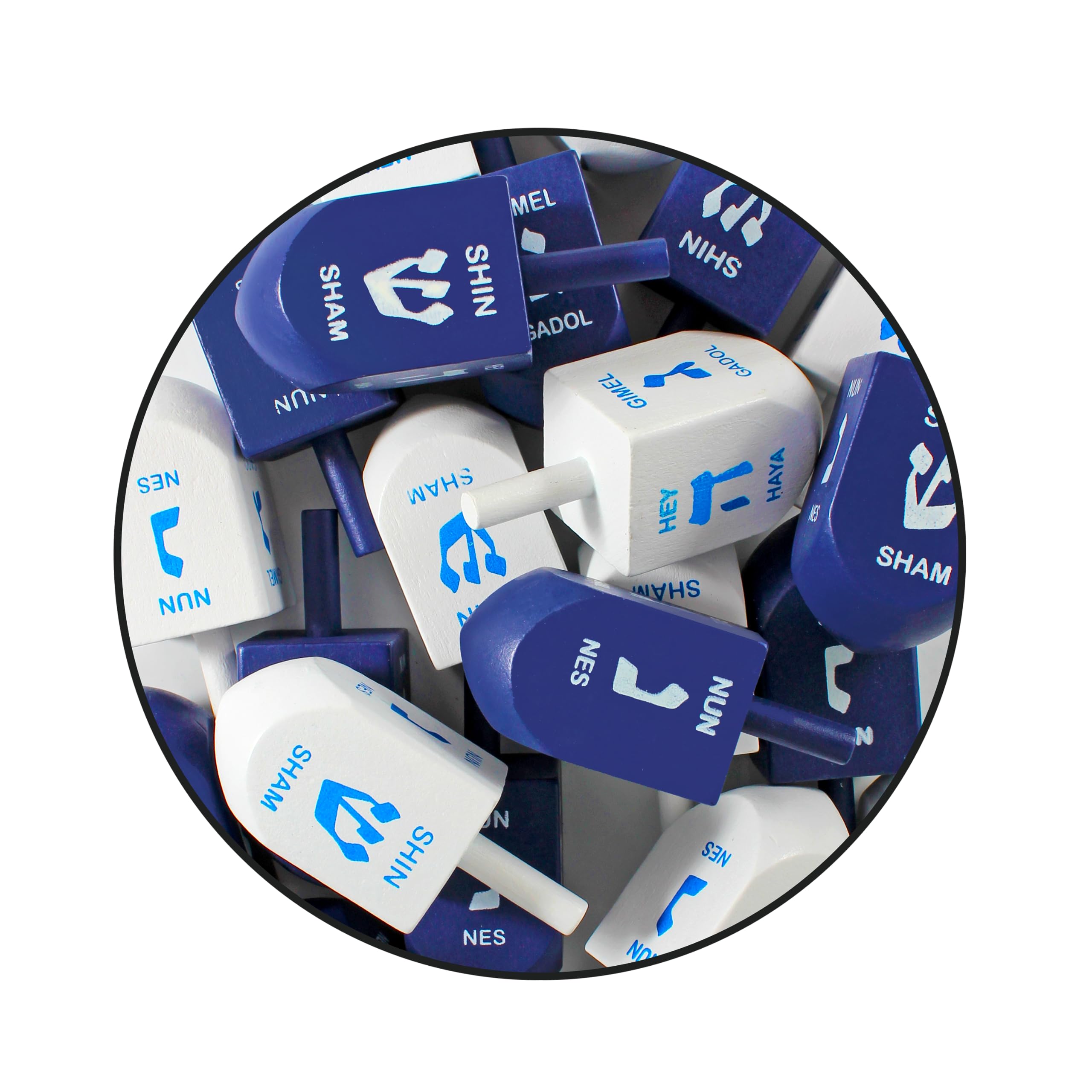 Zion Judaica XL Hanukkah Dreidels – 3-Inch Blue/White Wood, 10-Pack with English Translation & Transliteration