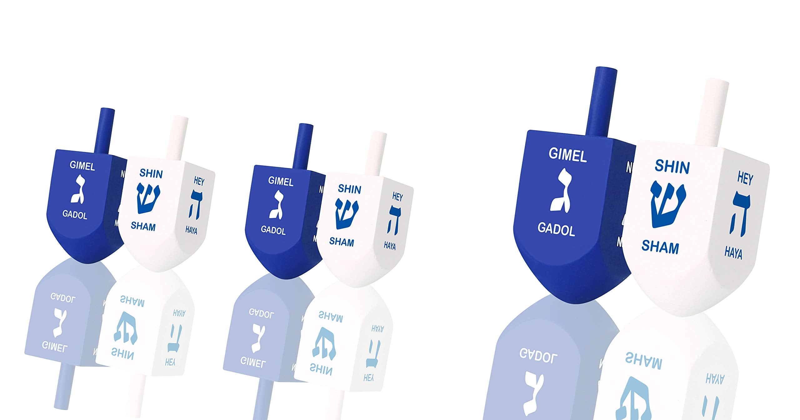 Zion Judaica XL Hanukkah Dreidels – 3-Inch Blue/White Wood, 10-Pack with English Translation & Transliteration