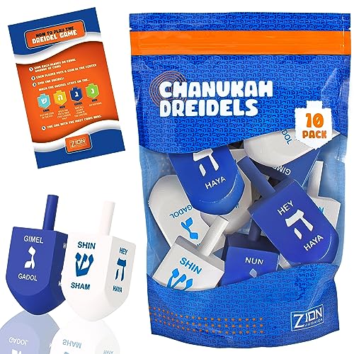 Zion Judaica XL Hanukkah Dreidels – 3-Inch Blue/White Wood, 10-Pack with English Translation & Transliteration