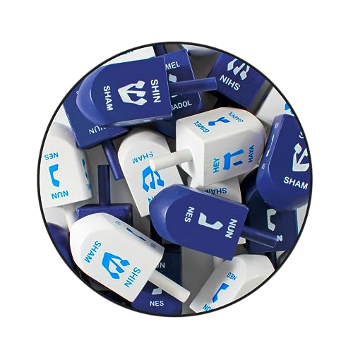 Zion Judaica XL Hanukkah Dreidels – 3-Inch Blue/White Wood, 10-Pack with English Translation & Transliteration
