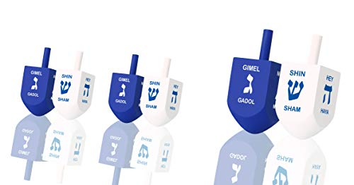 Zion Judaica XL Hanukkah Dreidels – 3-Inch Blue/White Wood, 10-Pack with English Translation & Transliteration