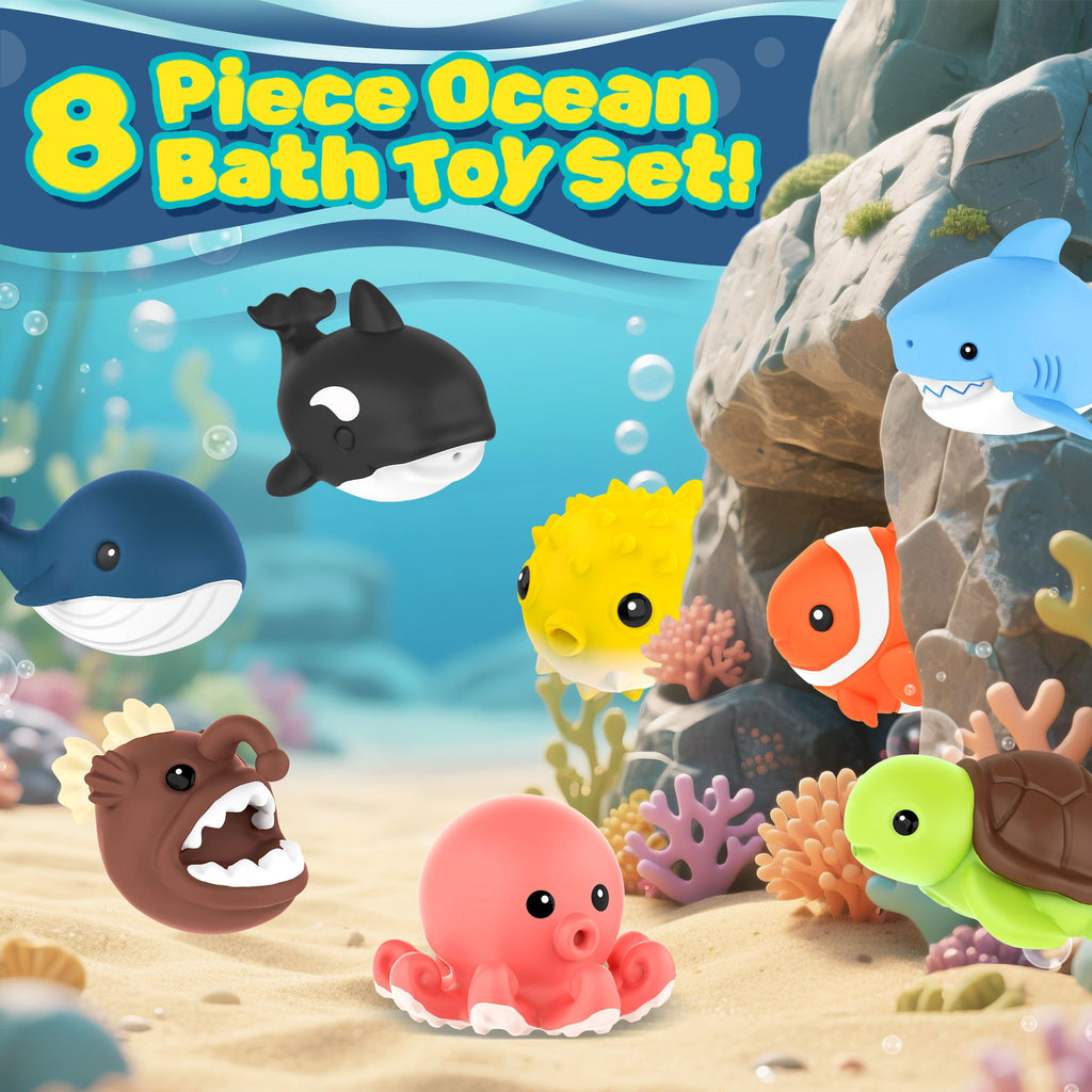 Zippytots 8-Pack No-Hole Ocean Animal Bath Toys – Mold-Free for Toddlers 1-3