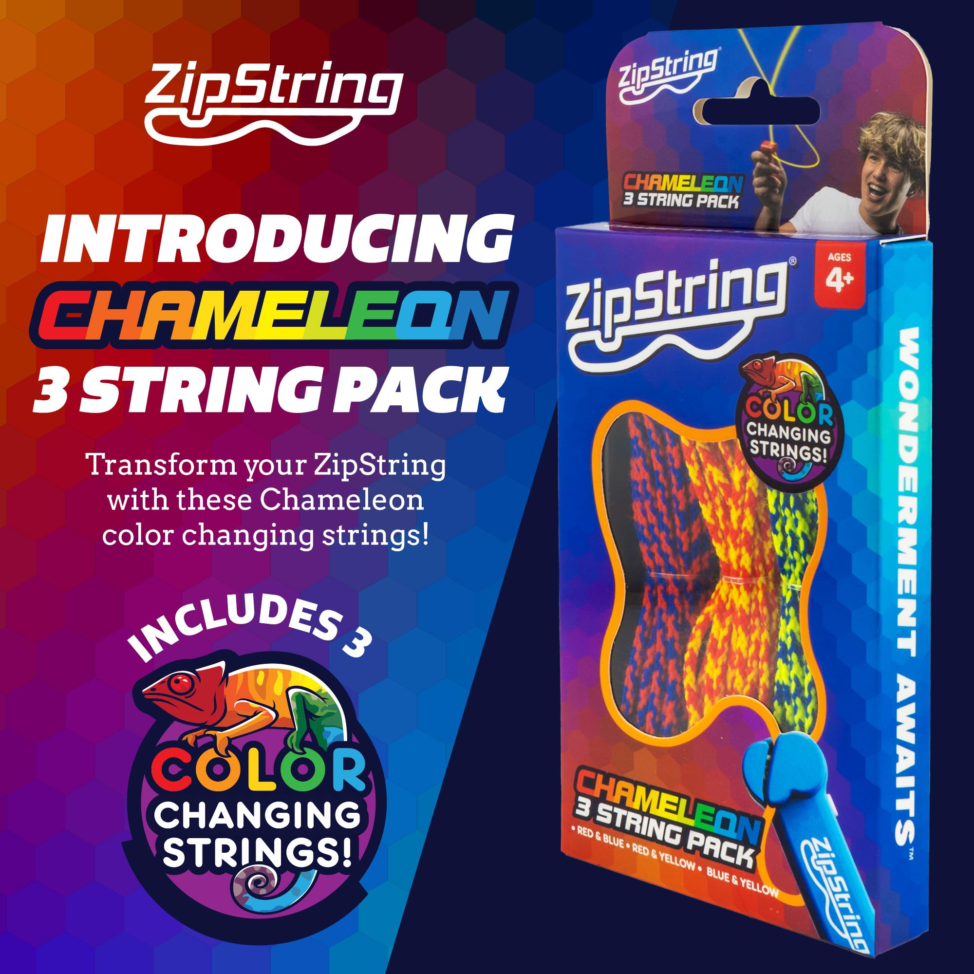 ZipString Chameleon Strings (Pack of 3) – Glow-in-the-Dark Replacement Strings for Rope Launcher Toy – Color-Changing Fidget Toy Featured on Shark Tank