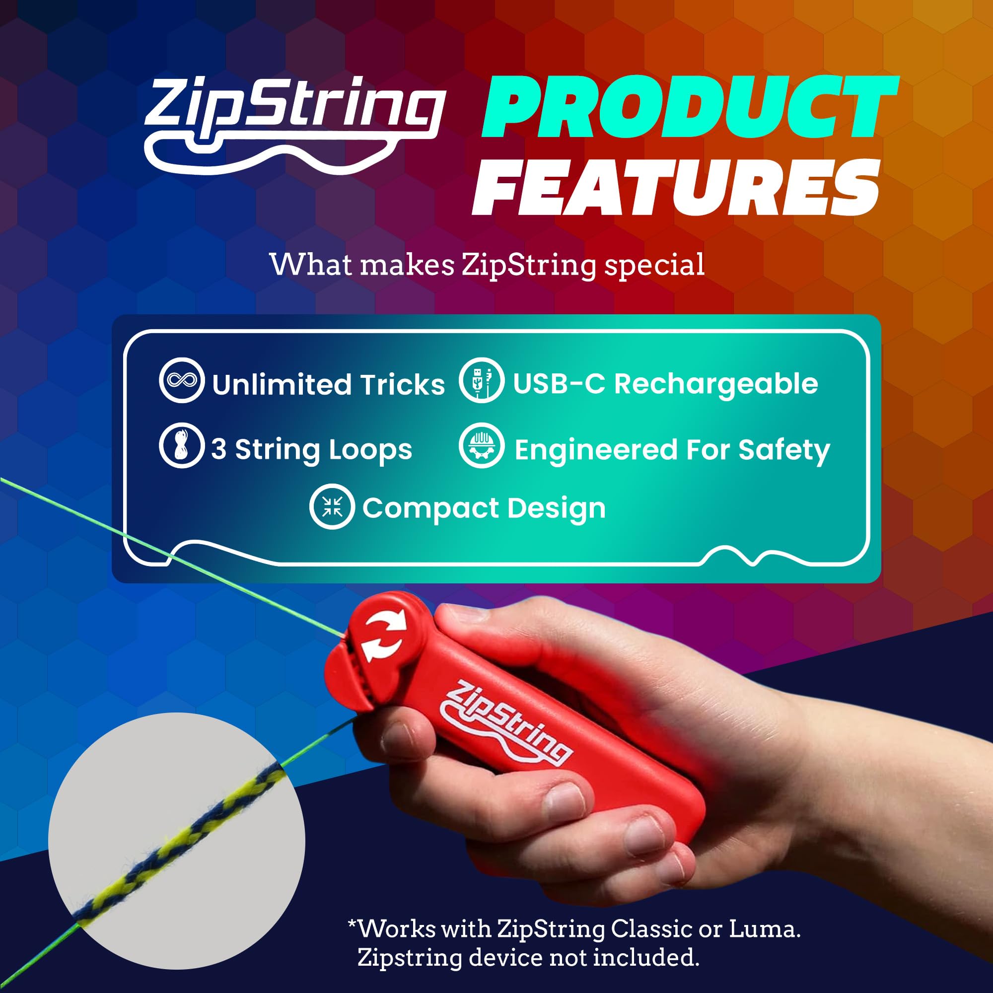 ZipString Chameleon Strings (Pack of 3) – Glow-in-the-Dark Replacement Strings for Rope Launcher Toy – Color-Changing Fidget Toy Featured on Shark Tank