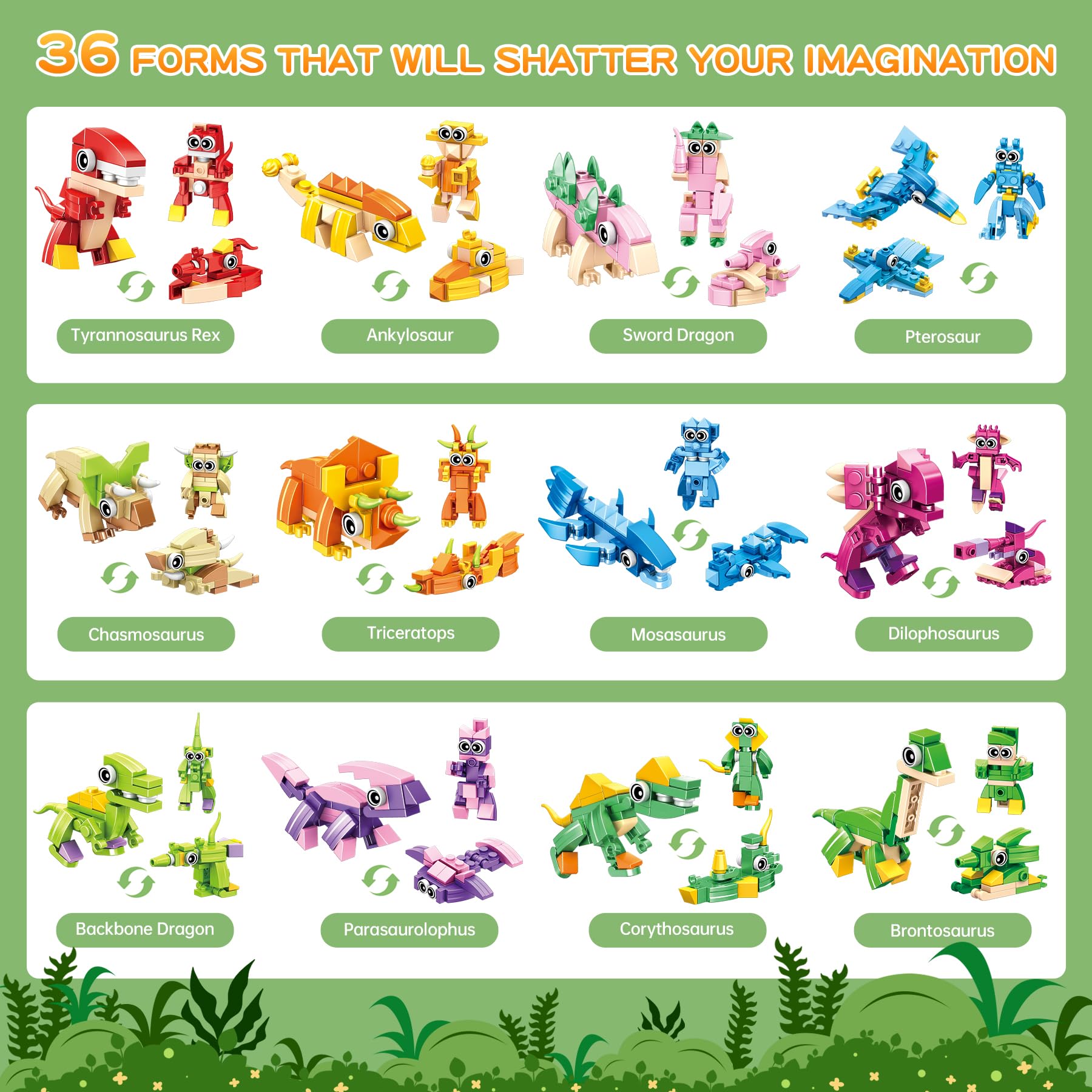 ZIYOSTAR 12-Pack Dinosaur Building Blocks, 36 Shapes in 1 Set, DIY Animal Toys for Kids Ages 6-12