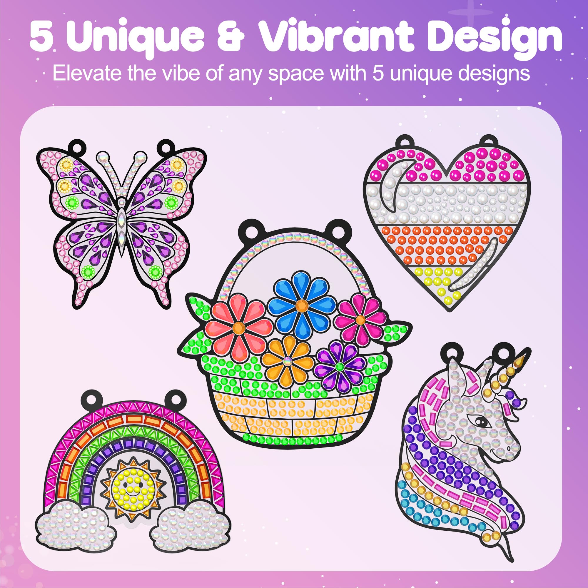 ZIZZ Diamond Painting Suncatcher Kits - 5 Gem Window Art Designs for Kids Ages 4-10