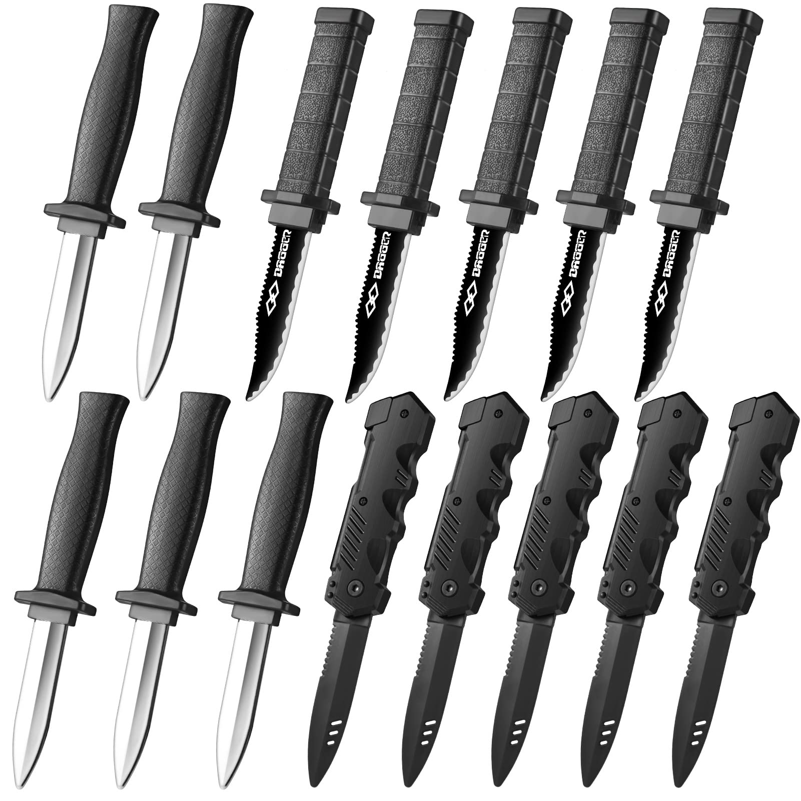 ZJoey 15-Pack Retractable Fake Knives - Plastic Prank Props for Halloween, April Fools, Cosplay (3 Styles, 7-8.26 Inches)